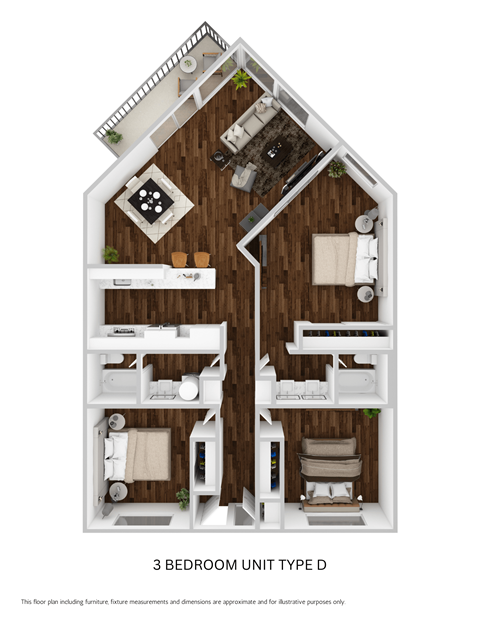 Floor plan for 3 beds, 2 baths, 1400 sqft